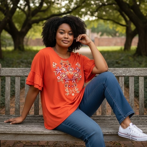 Impressions Tops - Impressions Orange Embellished Flounce Short Sleeve Blouse